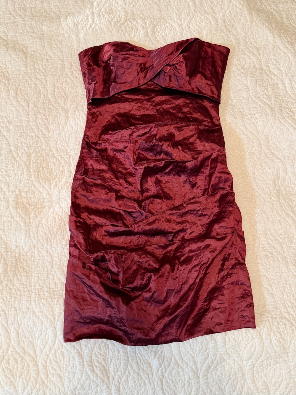 Nicole Miller Techno Metal Ruched Strapless Mini Dress 10 Burgundy Party Y2K